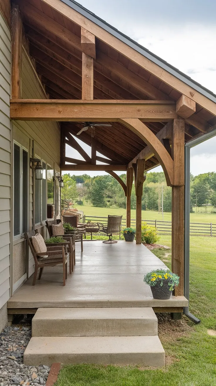 Dreaming of a covered patio design? This porch addition showcases the beauty of a rustic patio, seamlessly blending a wooden structure with concrete patios.  The outdoor covered patio, sheltered by a sturdy back porch roof, is perfect for small backyards, offering a tranquil escape.  Simple balcony decor completes the look, making it the ideal spot for enjoying the scenery.