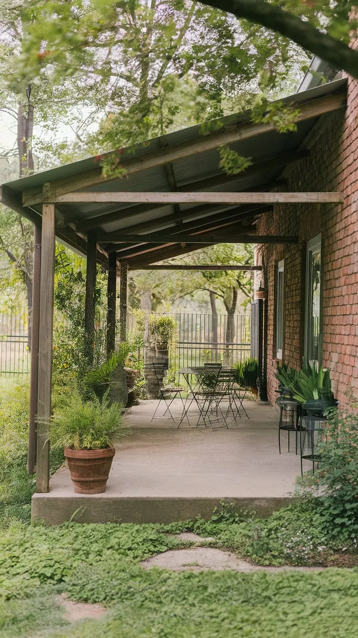 This outdoor covered patio is the perfect blend of rustic charm and modern comfort.  The covered patios design, featuring a back porch roof, creates a welcoming space for relaxation.  Perfect for small backyards, this concrete patios design showcases how a porch addition can transform your outdoor living.  Notice the thoughtful balcony decor and the lush greenery surrounding this idyllic rustic patio.