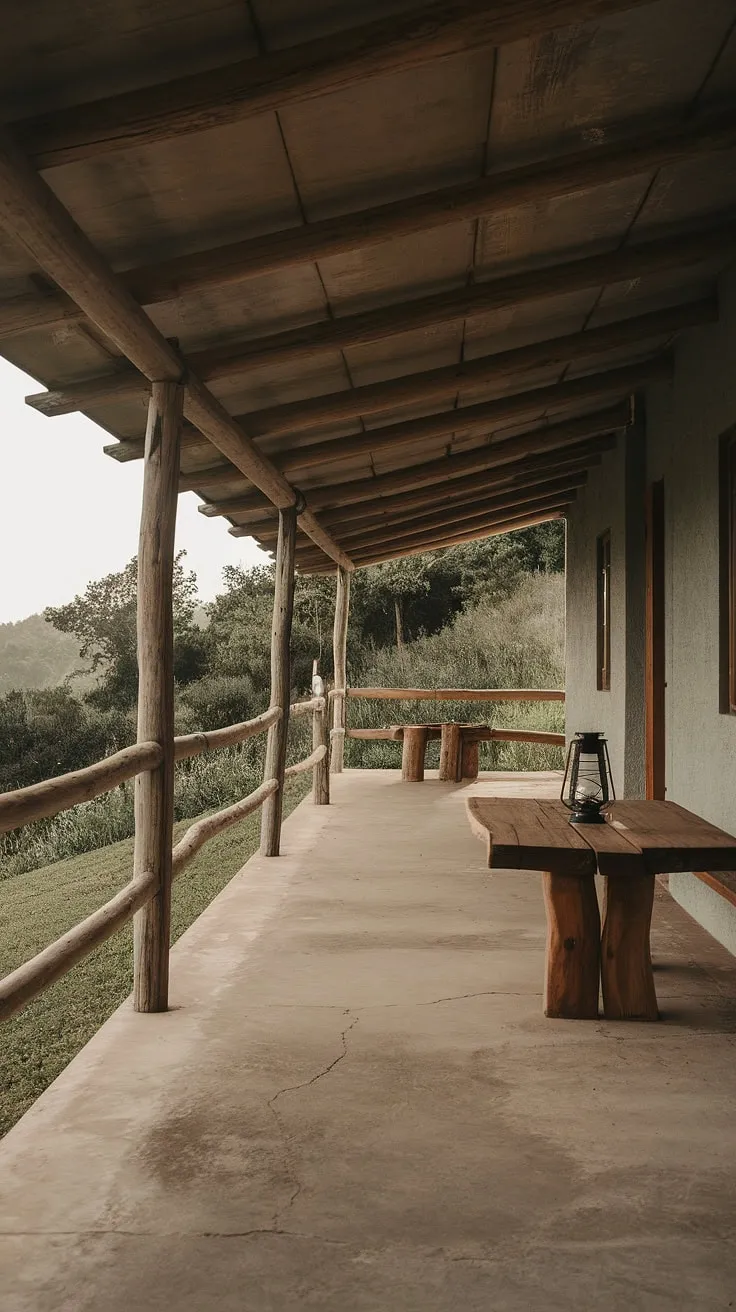 Escape to tranquility on this rustic patio.  The covered patio design, complete with a back porch roof and sturdy wooden railing, perfectly complements the lush greenery.  This outdoor covered patio, ideal even for small backyards, showcases the beauty of concrete patios and simple balcony decor. Building a porch like this is a dream come true, a porch addition that offers serenity and style.