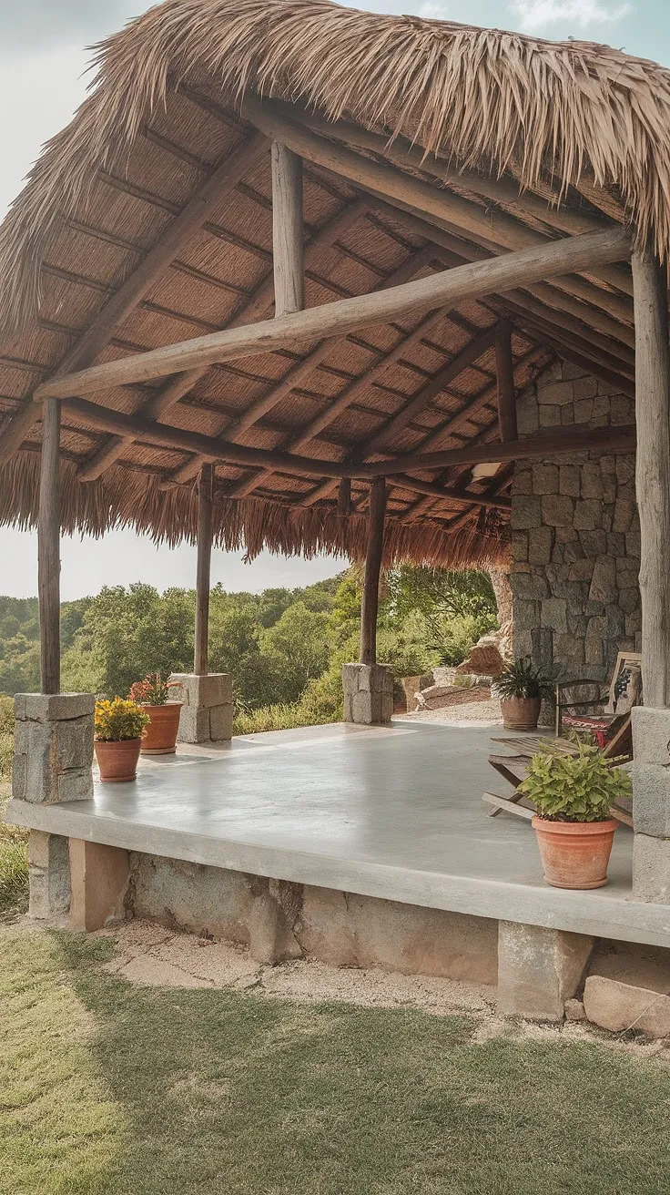 Escape to tranquility in this rustic patio, a perfect blend of covered patio design and outdoor living.  The thatched back porch roof shelters a charming space, ideal for small backyards, showcasing the beauty of concrete patios and simple balcony decor.  Building a porch like this is a dream come true, adding a porch addition that seamlessly blends with the landscape.