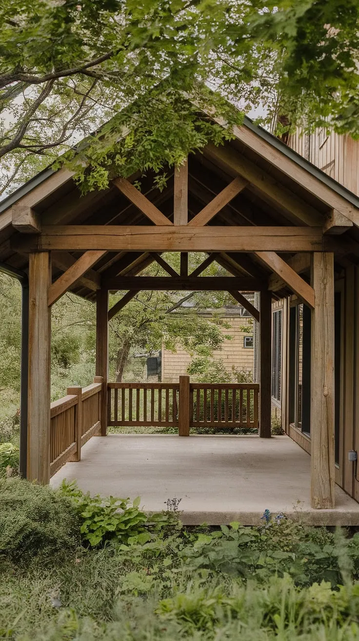 Escape the everyday on this rustic patio, a perfect blend of nature and comfort.  The covered patio design, featuring a charming back porch roof and concrete patios, maximizes space in this small backyard.  Building a porch like this is a dream come true, offering the perfect spot for relaxation and entertaining.  Consider this inspiration for your own porch addition and balcony decor.