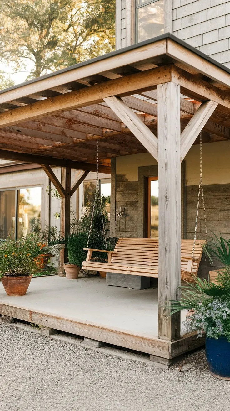 Dreaming of outdoor covered patio space? This covered patio design showcases how a porch addition can maximize even the smallest backyards.  The rustic patio features a beautiful back porch roof, a welcoming swing, and potted plants, all sitting atop a practical concrete patios.  It's the perfect blend of functionality and charm, making it an ideal inspiration for building a porch of your own.