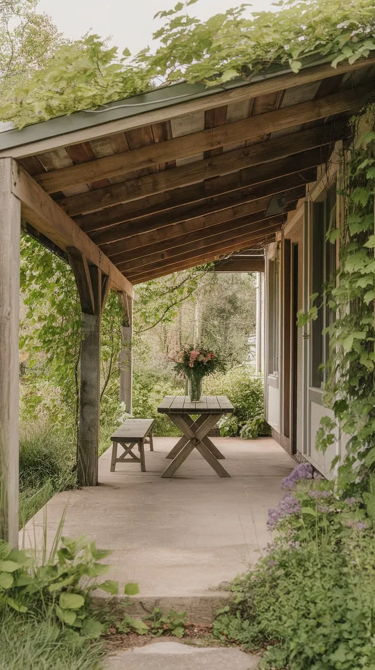 Serene Covered Patio with Lush Greenery