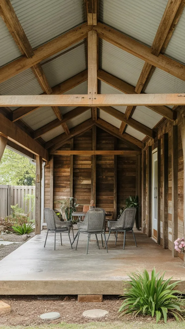 Rustic Back Porch Oasis with Wooden Beams