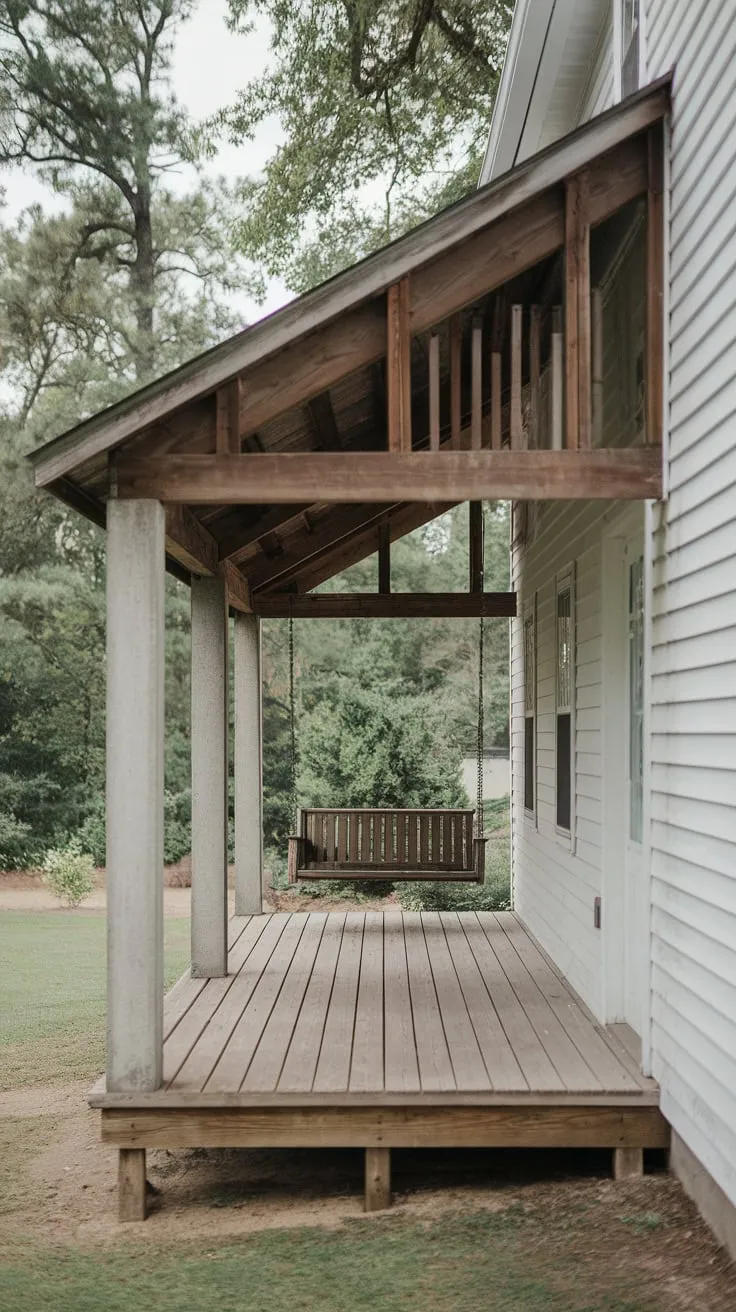 Serene Wooden Porch Retreat Overlooking a Lush Backyard