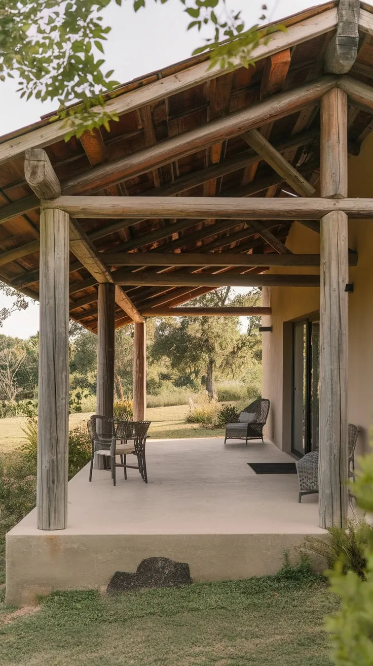 Serene Covered Patio with Weathered Wooden Charm