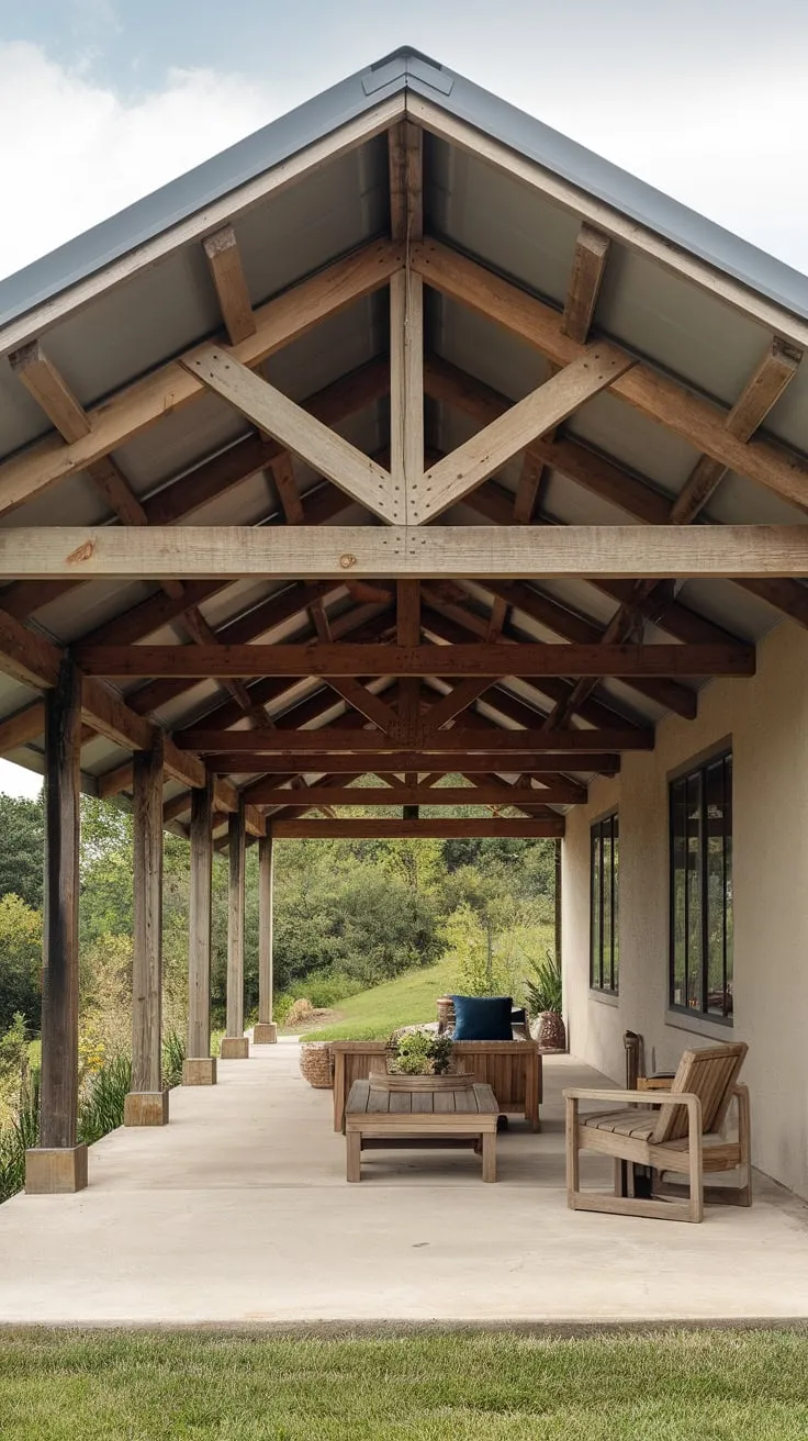 Cozy Concrete Patio with Wooden Beams and Metal Roof