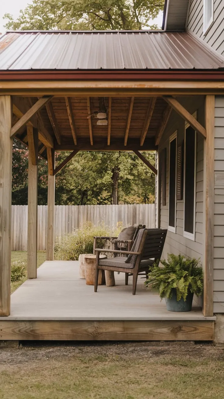Serene Wooden Porch Oasis Over Concrete Patio