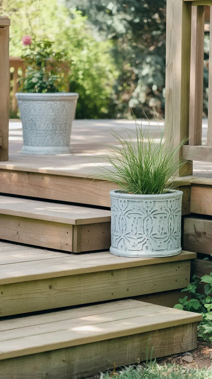 Sun-drenched wooden outdoor steps, perfect for relaxing summer evenings.  These budget patio ideas, featuring DIY planters flanking the exterior steps, transform simple patio stairs into a welcoming entrance to the back porch.  The front porch stairs could easily be upgraded with this same charming look.