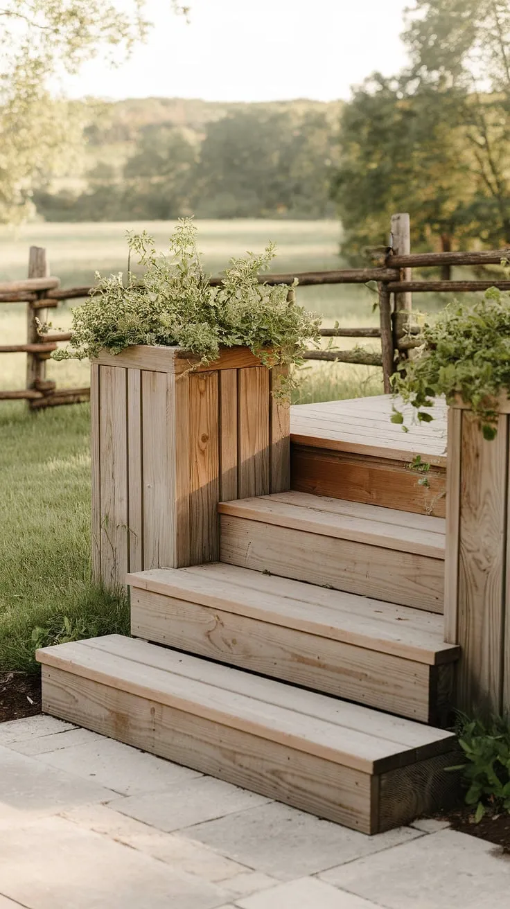 These wooden outdoor steps, leading to a peaceful back porch, are the perfect blend of rustic charm and functionality.  The DIY planters flanking the patio stairs add a touch of green, making these exterior steps a welcoming entrance. Budget patio ideas don't get much better than this simple yet elegant design.  The front porch stairs could easily be replicated with a little effort, transforming any outdoor space.