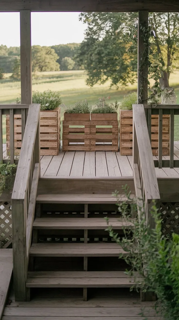 These patio steps, crafted from weathered wood, invite you to relax and enjoy the view.  The deck above, complete with outdoor planters made from repurposed materials, offers a perfect blend of rustic charm and functionality.  Consider this inspiring example for your own budget patio ideas, featuring front porch stairs and deck stairs that add character and value to any home.