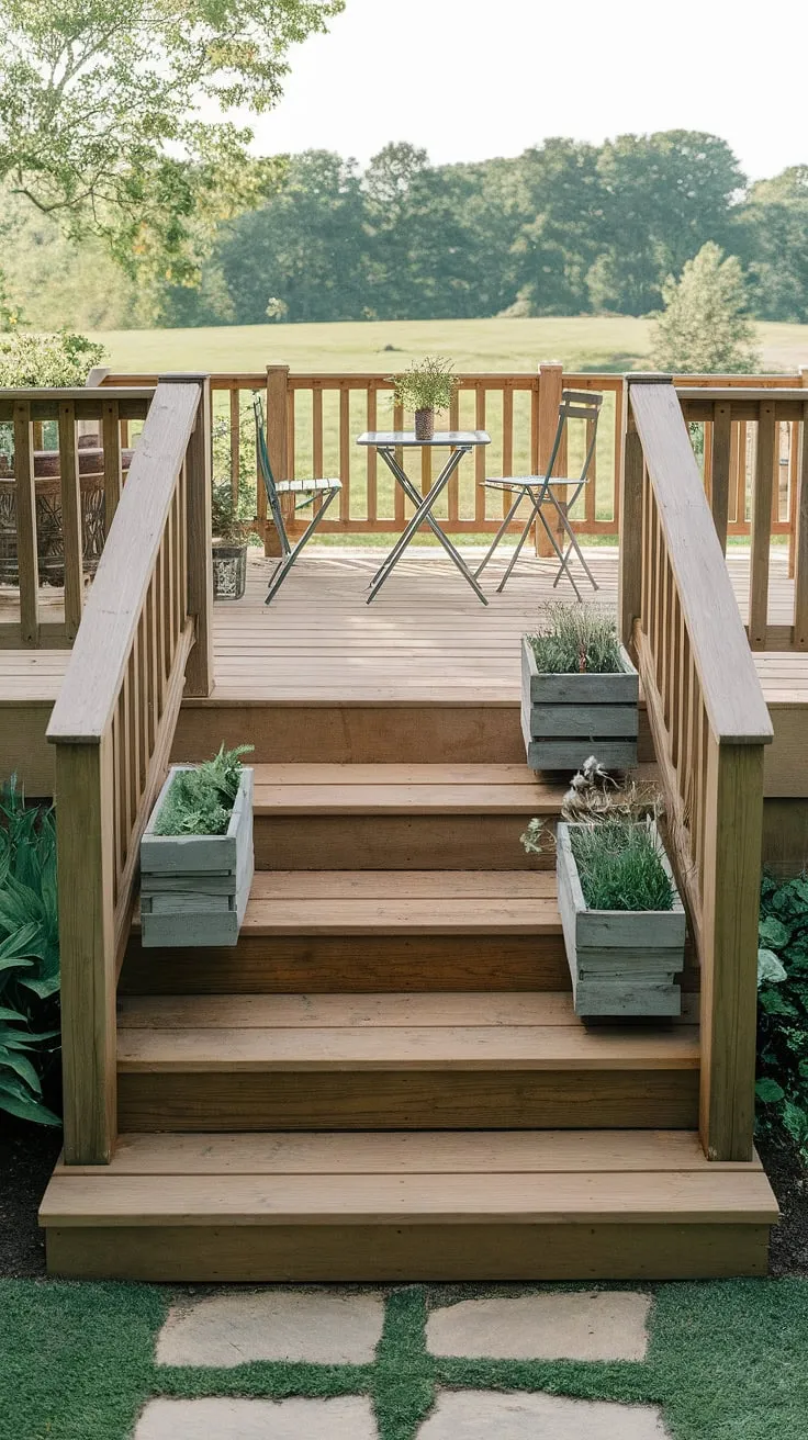 Transform your outdoor space with these budget-friendly patio ideas!  The wooden outdoor steps, acting as charming patio stairs and front porch stairs, are adorned with DIY planters, creating a welcoming entrance.  This simple yet elegant design, featuring back porch steps and exterior steps, showcases how affordable patio steps can elevate your home's curb appeal. The lush greenery completes the perfect backyard oasis.