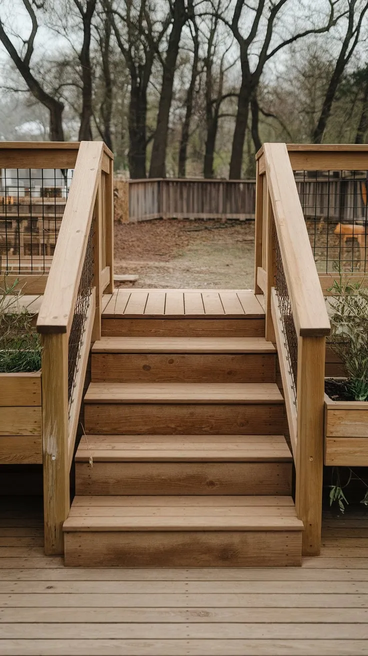 These simple yet charming back porch steps, crafted from wood, add a touch of rustic elegance to this outdoor space.  The outdoor planters flanking the patio stairs perfectly complement the wooden outdoor steps, showcasing budget patio ideas anyone can achieve.  This DIY project transforms basic deck stairs into a welcoming entrance.