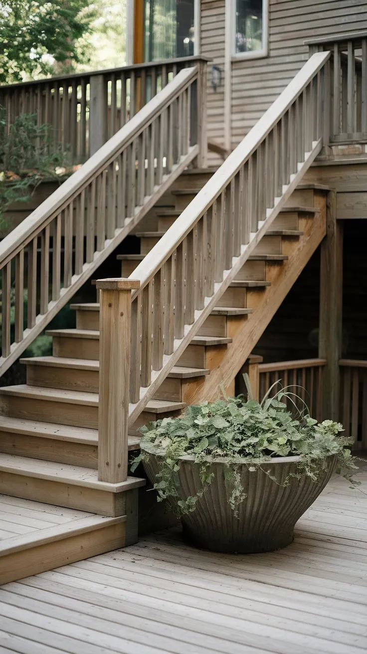 Escape to tranquility with these inviting patio steps.  The rich tones of the wooden outdoor steps, complemented by lush greenery in the outdoor planters, create a serene atmosphere.  This front porch stairs design is both practical and aesthetically pleasing, a perfect example of budget patio ideas brought to life.  The DIY planters add a personal touch to these patio stairs.