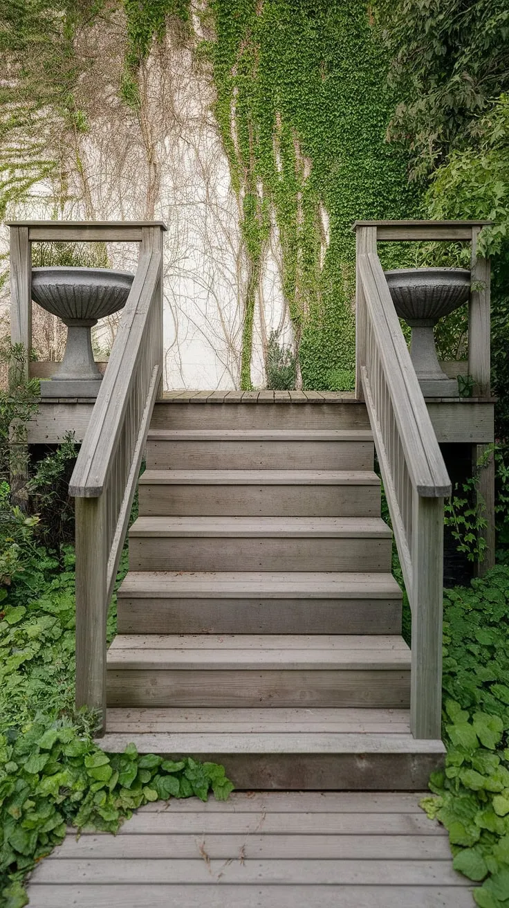 These budget patio ideas transformed our backyard!  The DIY planters add a touch of green to the wooden outdoor steps leading to our deck.  These exterior steps, also perfect as front porch stairs or patio stairs, are a simple yet charming addition.  The back porch steps are now a favorite spot to relax.