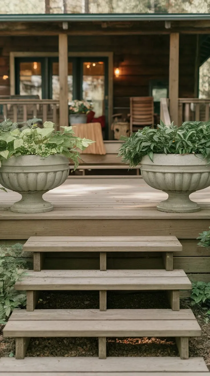 Charming Back Porch Steps with Lush Planters