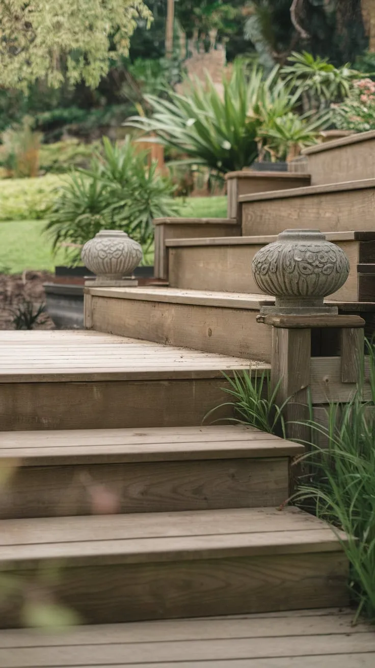 Serene Wooden Steps Framed by Vibrant Planters