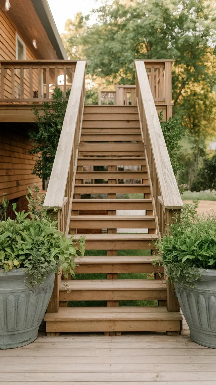 Charming Back Porch Steps Surrounded by Lush Greenery
