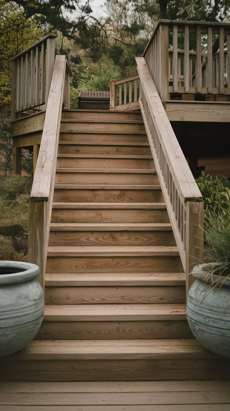 Rustic Back Porch Steps Surrounded by Lush Greenery