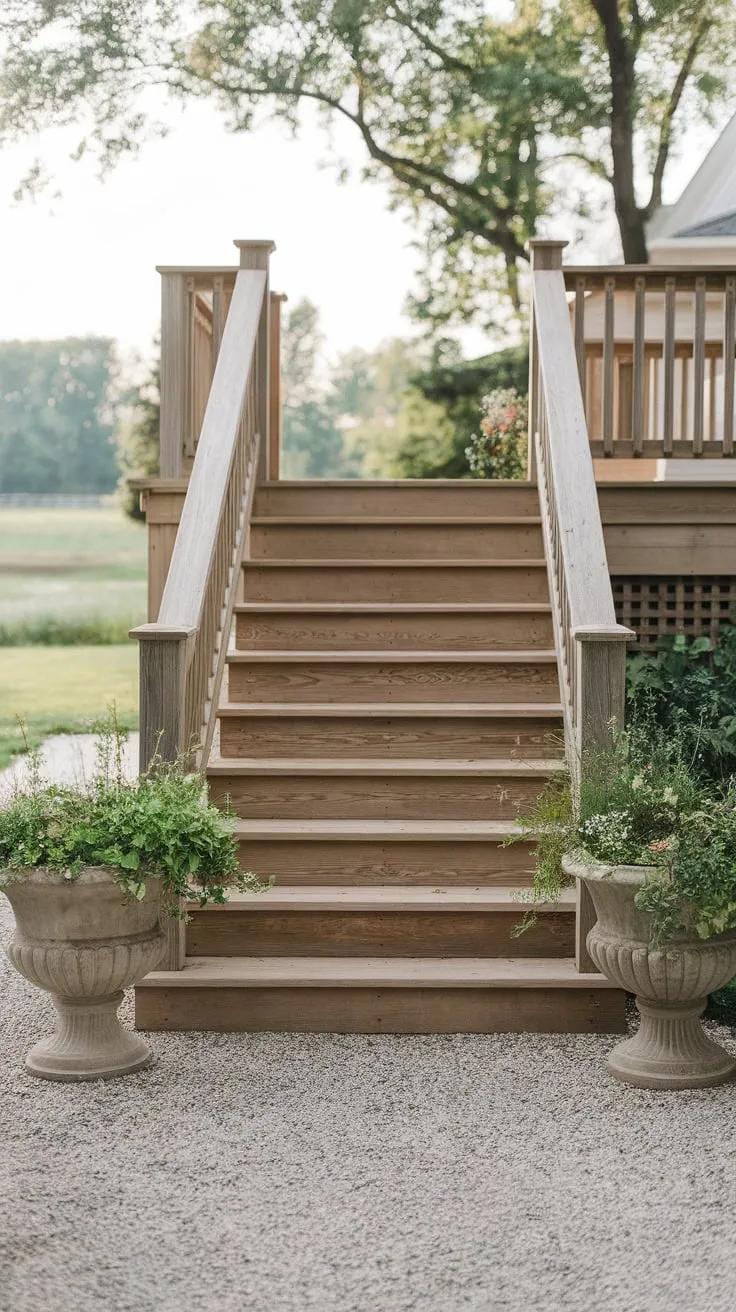 Weathered Wooden Stairs Framed by Lush Greenery