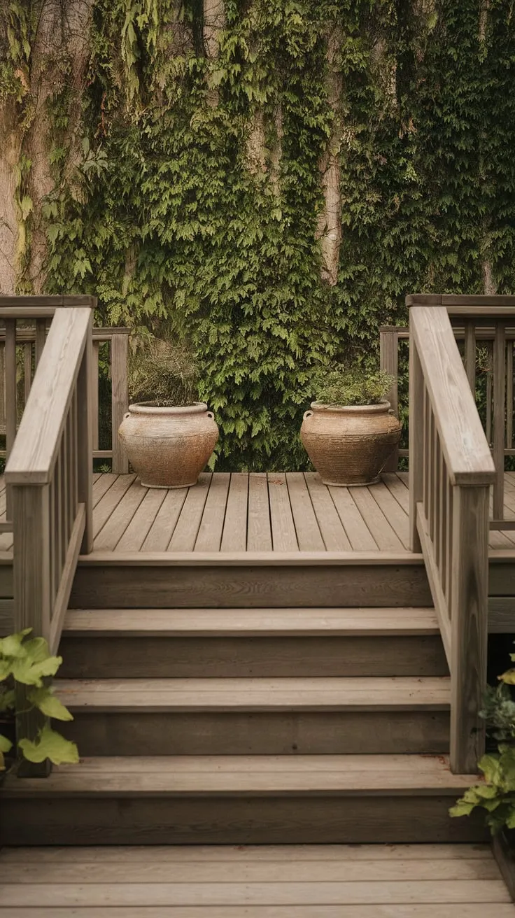 Charming Back Porch Steps with Lush Greenery