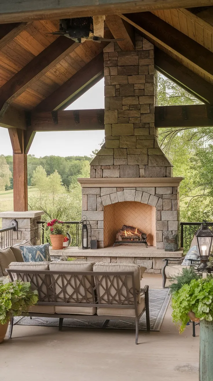 Imagine evenings spent by the warmth of this backyard fireplace, nestled in cozy outdoor seating on your own private fireplace patio. This porch fireplace is the heart of this stunning outdoor fireplace patio, a testament to inspired porch remodel ideas and exceptional outdoor fireplace designs.  The screened porch designs add a touch of elegance to this idyllic setting.