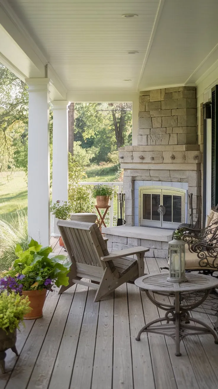 Imagine evenings spent by this porch fireplace, enjoying the warmth and charm of this outdoor fireplace patio.  This fireplace patio, with its rustic wooden chair and lush backdrop, offers endless patio fireplace ideas for your own porch remodel.  The perfect blend of cozy outdoor seating and stunning outdoor fireplace designs.