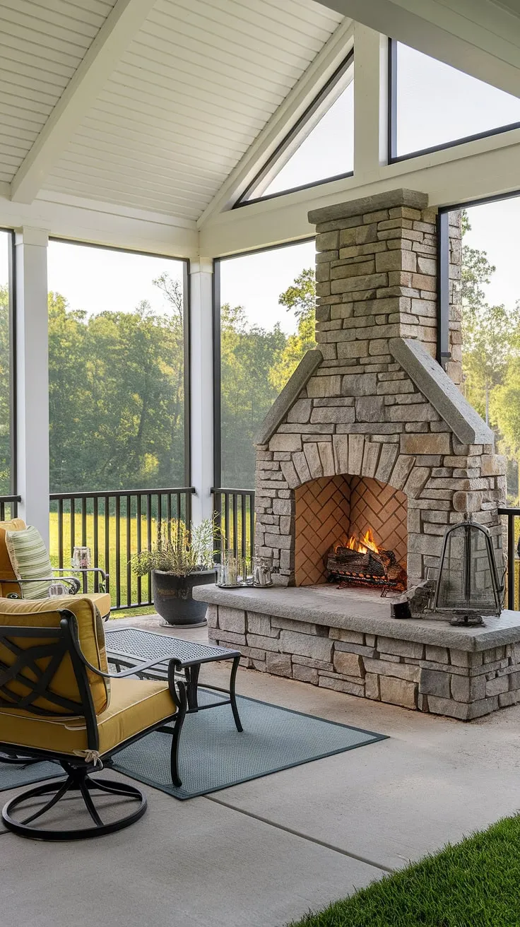 Escape to your own private oasis with this inviting back porch with fireplace.  Cozy outdoor seating surrounds a stunning stone fireplace, perfect for chilly evenings.  This porch remodel showcases elegant screened porch designs and offers inspiration for patio fireplace ideas and outdoor fireplace designs. The outdoor fireplace patio creates a magical ambiance, transforming your backyard fireplace into a year-round retreat.