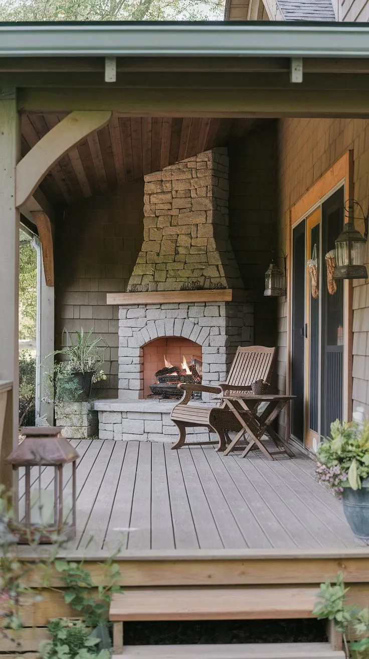 Escape to tranquility on this back porch with fireplace, a perfect blend of cozy outdoor seating and rustic charm.  This porch remodel showcases stunning patio fireplace ideas, transforming the space into an inviting outdoor fireplace patio.  Consider this inspiration for your own screened porch designs and outdoor fireplace designs, creating a backyard fireplace haven.