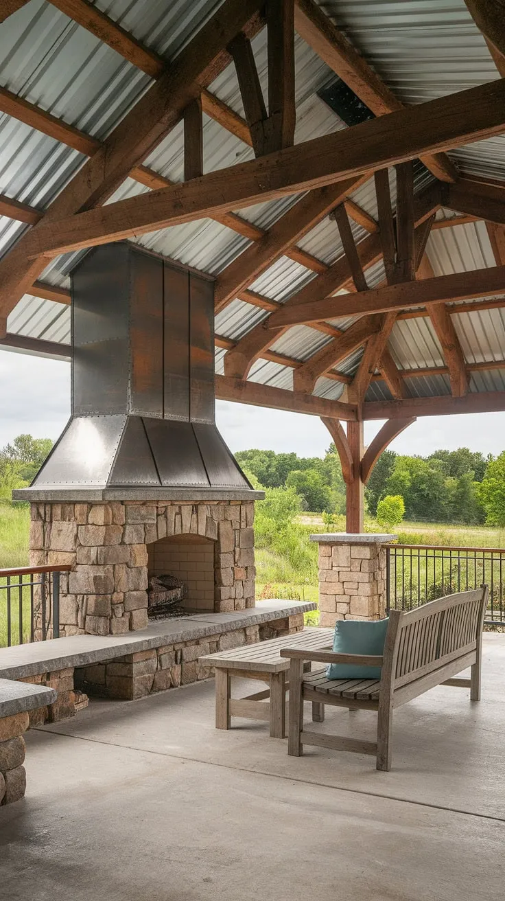 Escape to tranquility on this rustic back porch with fireplace.  Cozy outdoor seating invites relaxation by the warm glow of the stone fireplace, a perfect example of patio fireplace ideas and outdoor fireplace designs. This porch remodel showcases stunning screened porch designs and transforms the backyard fireplace into an outdoor fireplace patio oasis.