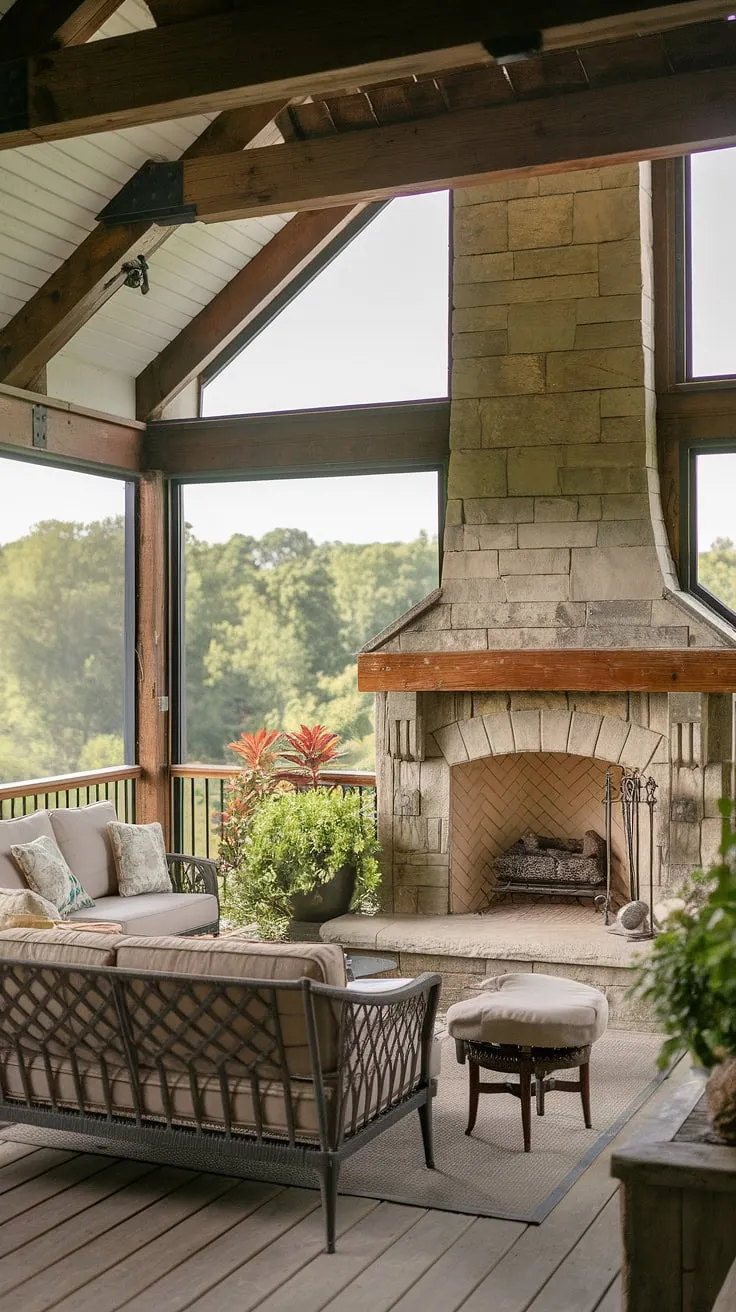 Imagine evenings spent on this inviting fireplace patio, nestled within the screened porch designs. This outdoor fireplace, a centerpiece of the porch remodel, provides cozy outdoor seating and breathtaking views.  Find inspiration for your own outdoor fireplace designs and backyard fireplace with this charming back porch with fireplace.