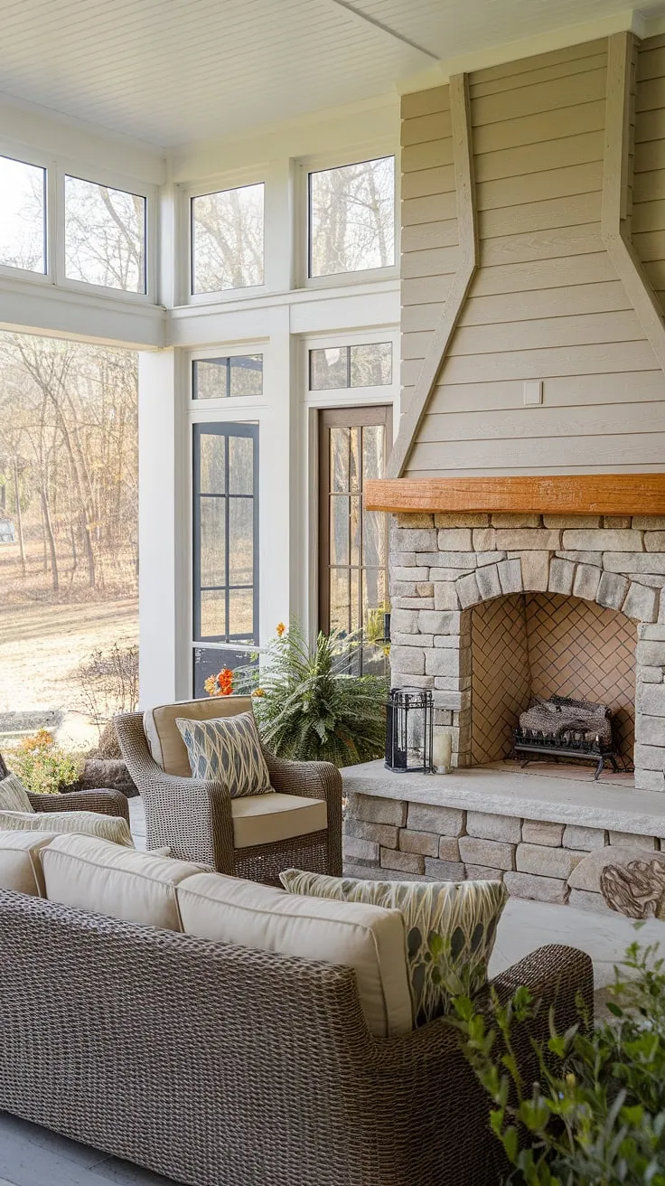 Escape to your own private oasis with this inviting back porch with fireplace.  Cozy outdoor seating arranged around a stunning patio fireplace creates the perfect setting for relaxation.  This porch remodel showcases innovative screened porch designs and inspiring outdoor fireplace designs, transforming this outdoor fireplace patio into a year-round retreat.  The backyard fireplace adds a touch of rustic charm, making it the ultimate fireplace patio.