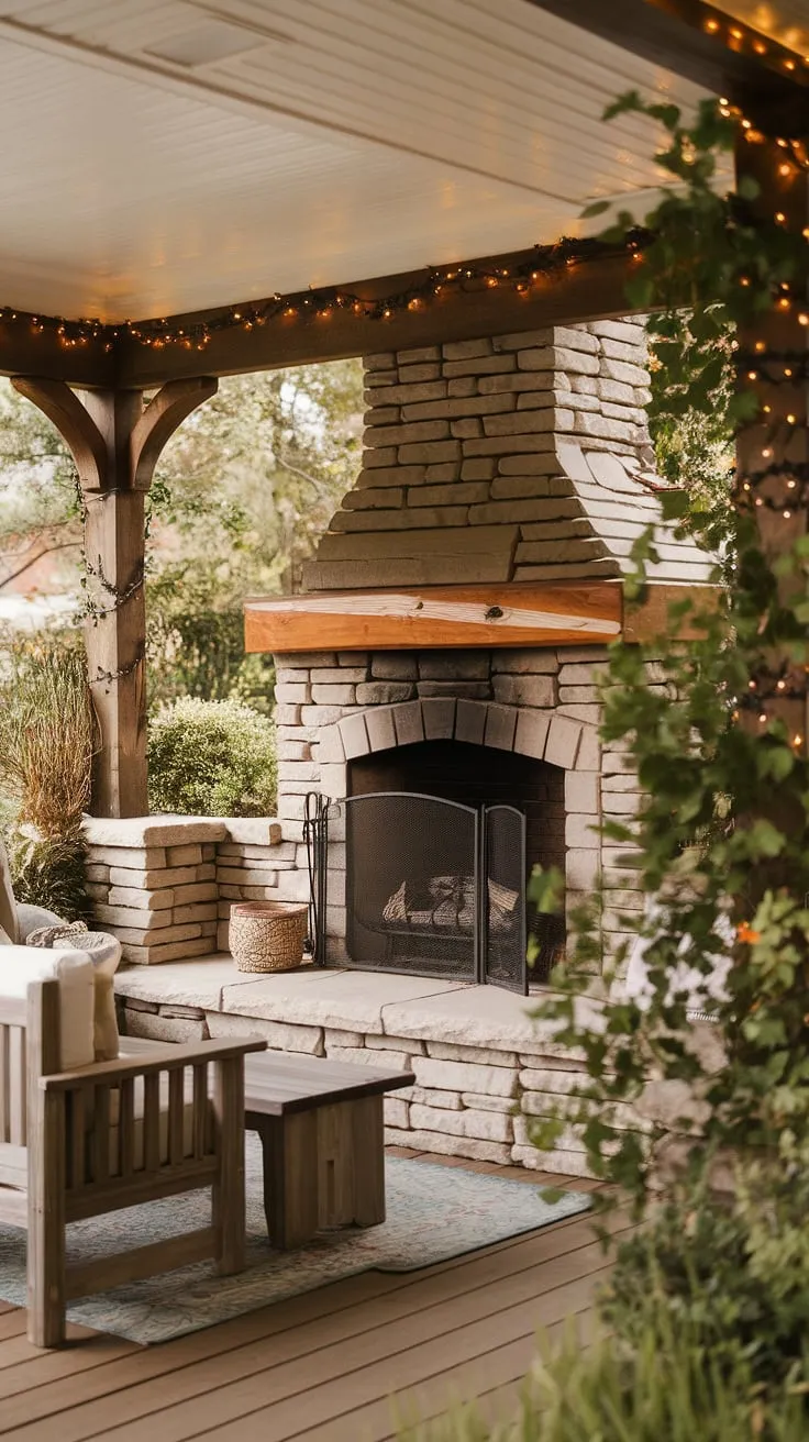 Escape to tranquility in this cozy outdoor seating area, featuring a stunning back porch with fireplace.  This porch remodel showcases inspiring patio fireplace ideas, transforming the space into a magical fireplace patio.  The screened porch designs perfectly complement the stone outdoor fireplace designs, creating an inviting outdoor fireplace patio perfect for those cool evenings.  Imagine relaxing by the backyard fireplace, enjoying the warmth and ambiance.
