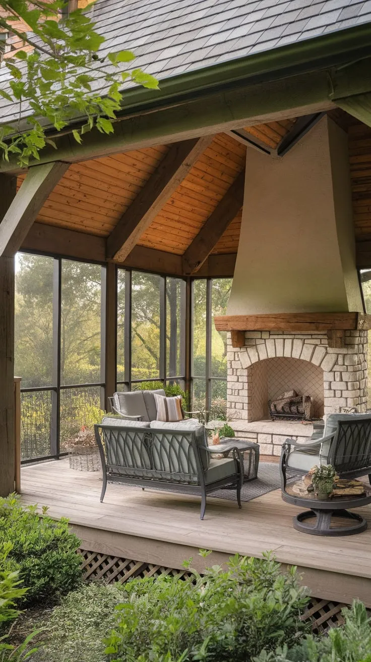 Cozy Rustic Back Porch with Fireplace