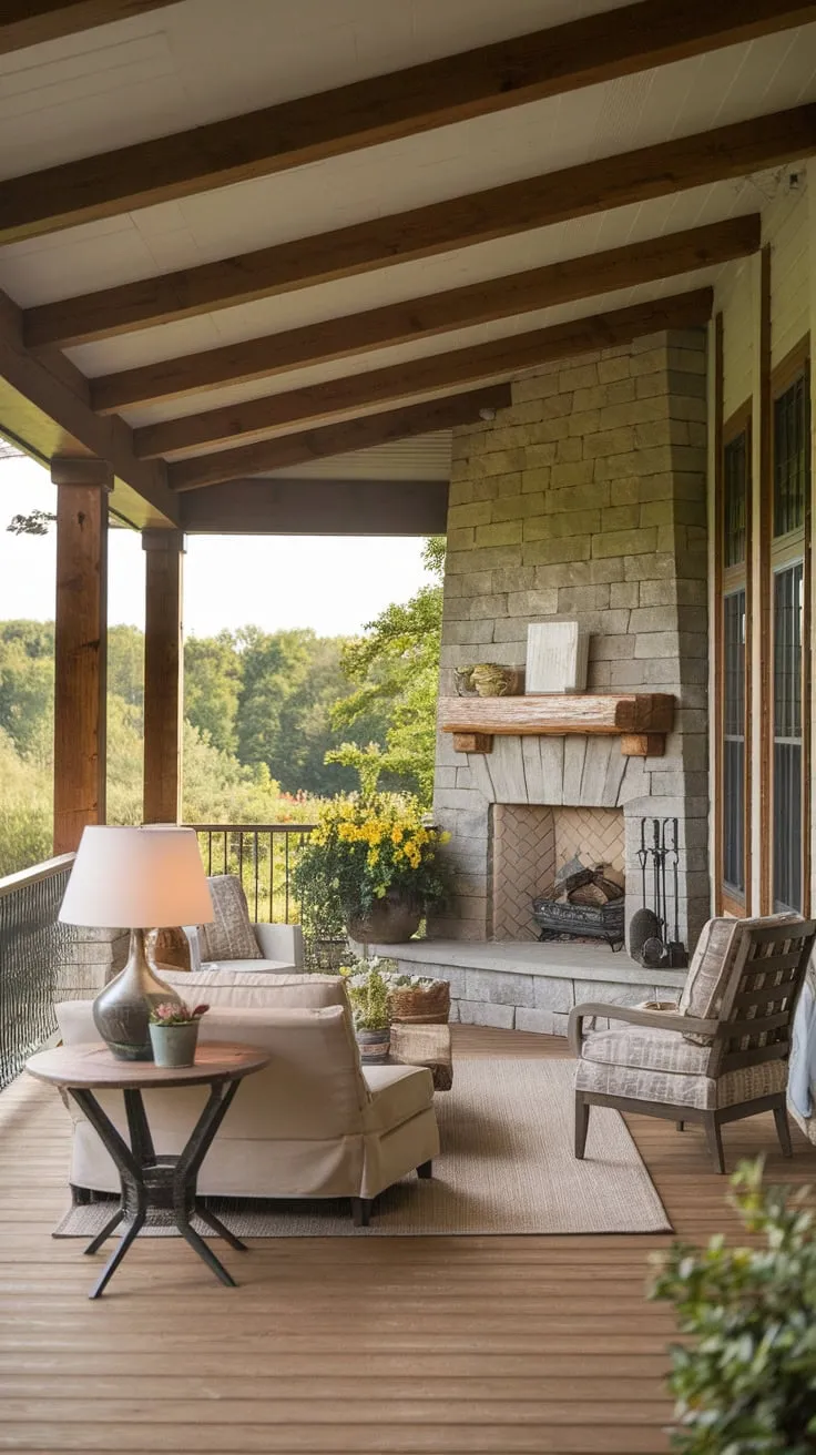 Rustic Charm on the Back Porch with a Stone Fireplace