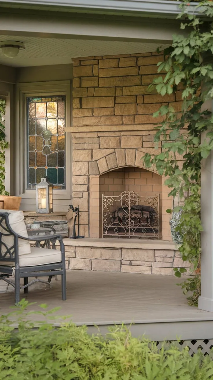 Serene Back Porch Retreat Featuring a Fireplace and Lush Greenery