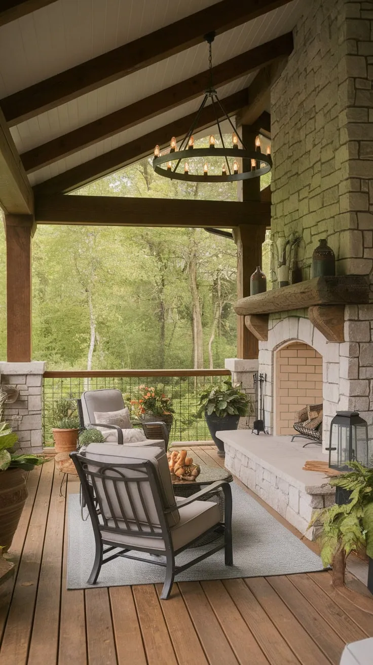 Charming Back Porch Retreat Featuring a Stone Fireplace