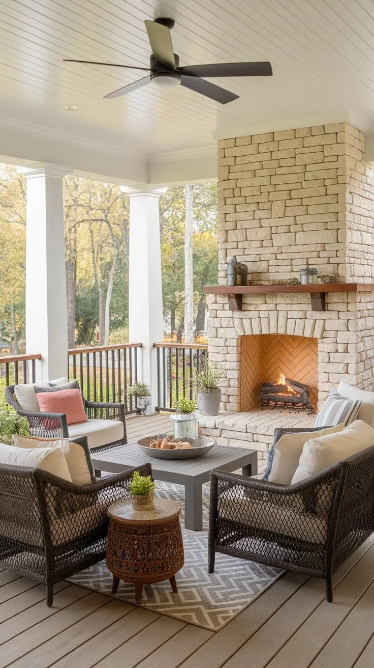 Cozy Back Porch with Fireplace Ideas