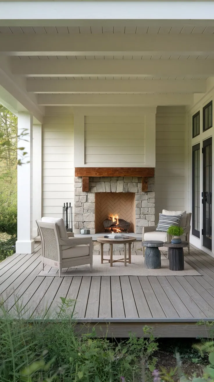 Serene Stone Fireplace on a Greenery-Filled Porch