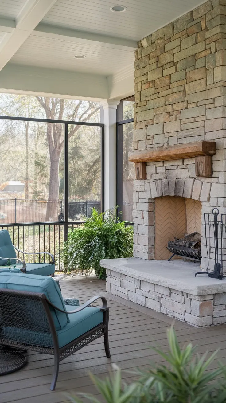 Cozy Back Porch Oasis with Stone Fireplace