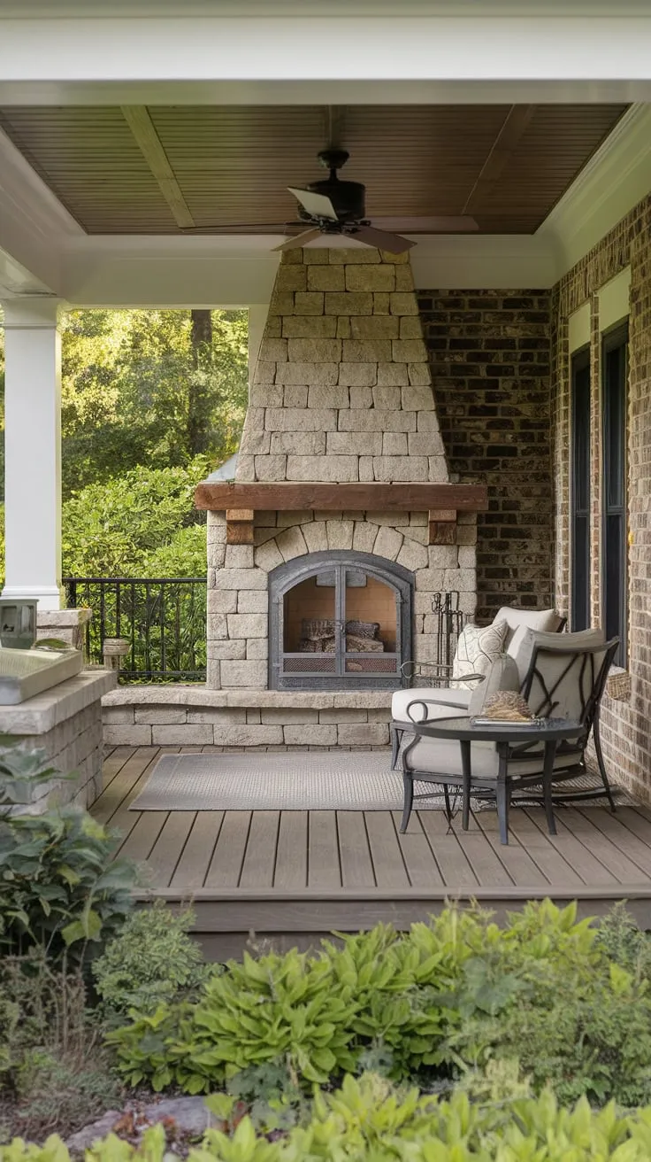 Inviting Stone Fireplace on a Lush Back Porch