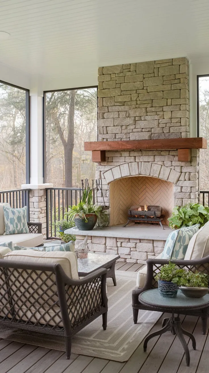 Serene Screened Porch Retreat Featuring a Fireplace