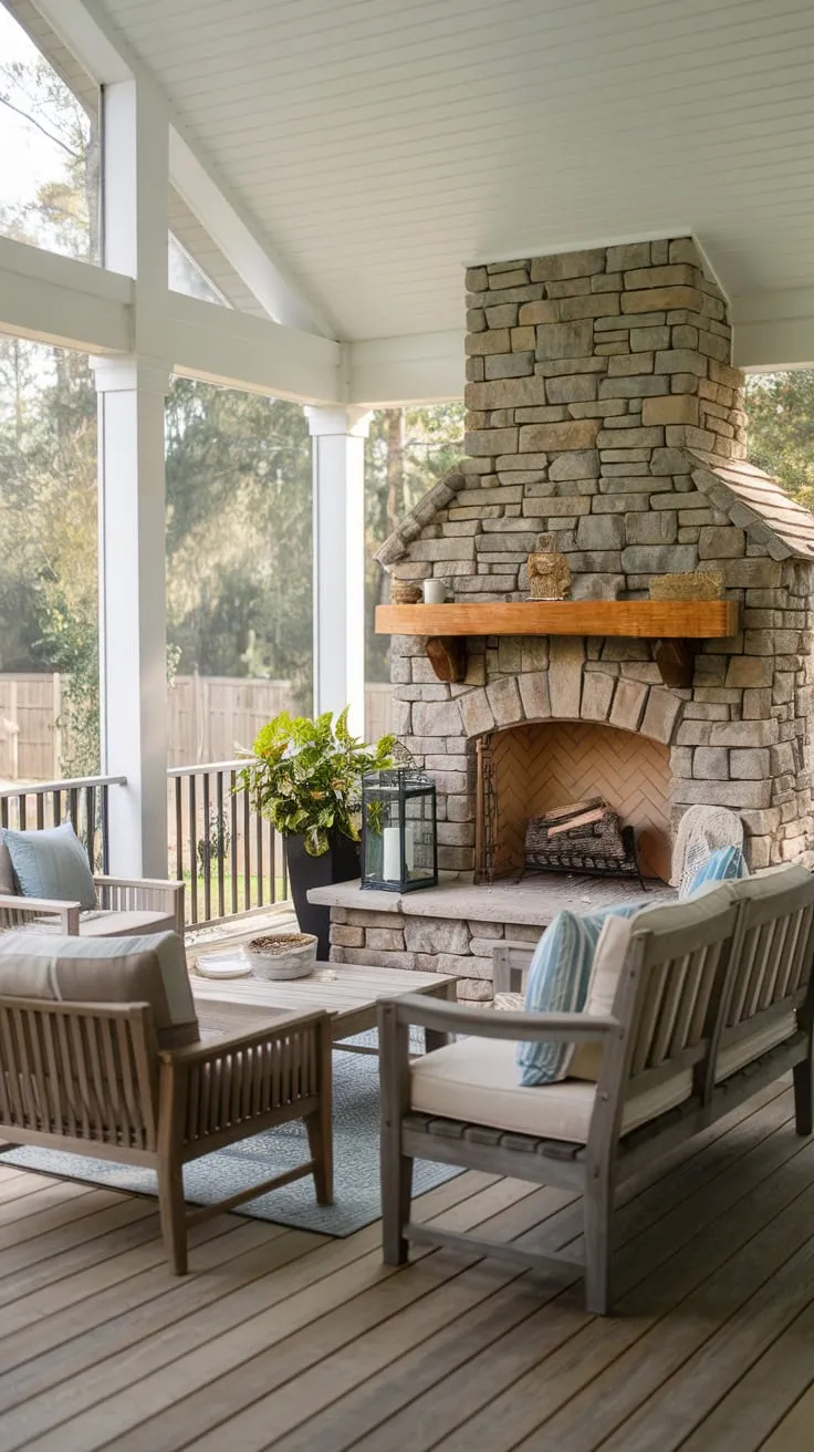 Serene Outdoor Oasis Featuring a Fireplace on the Back Porch