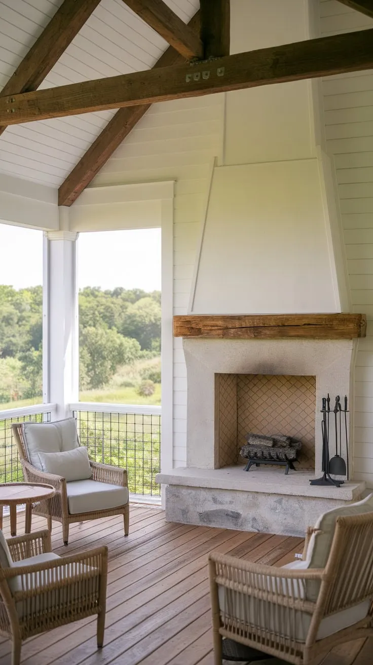 Rustic Charm on the Back Porch with a Fireplace