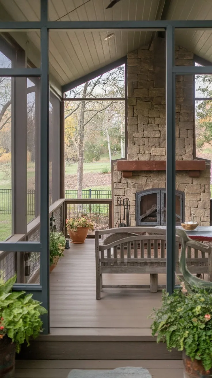 Rustic Retreat: Back Porch Bliss with Fireplace and Nature Views