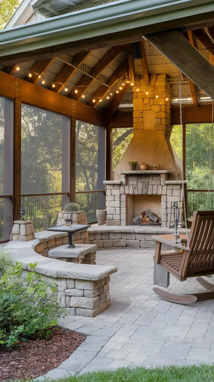 Rustic Charm of a Fireplace-Embraced Back Porch