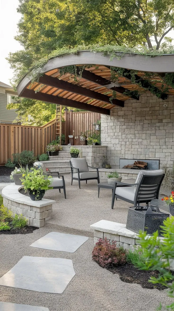 This backyard makeover is a dream come true!  The unique patio design, complete with a curved wooden patio roof draped in greenery, creates an enchanting outdoor space.  The stone wall with built-in fire pit, comfortable seating, and thoughtful outdoor decor complete this stunning home exterior design.