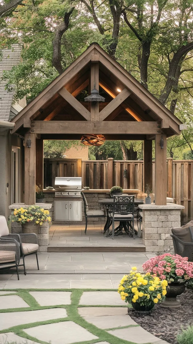 This unique patios design transforms a simple backyard into a dream backyard.  The custom patio roof creates a cozy and inviting space, perfect for al fresco dining and relaxing evenings.  The built-in grill, comfortable lounge area, and thoughtful outdoor decor complete this stunning home exterior design.  A true backyard makeover success story, showcasing exceptional patio design.