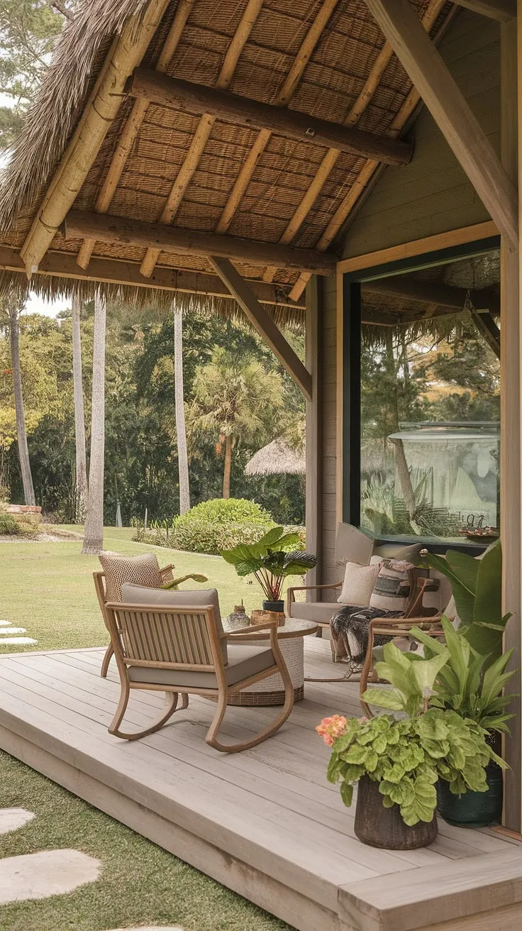This stunning home exterior design boasts unique patios, perfectly blending indoor and outdoor living.  The inviting back porch, complete with a large window overlooking the tranquil backyard, flows effortlessly into the rustic wood patio.  A thatched patio roof adds a touch of tropical charm, making this patio design the ultimate outdoor decor and a true dream backyard.