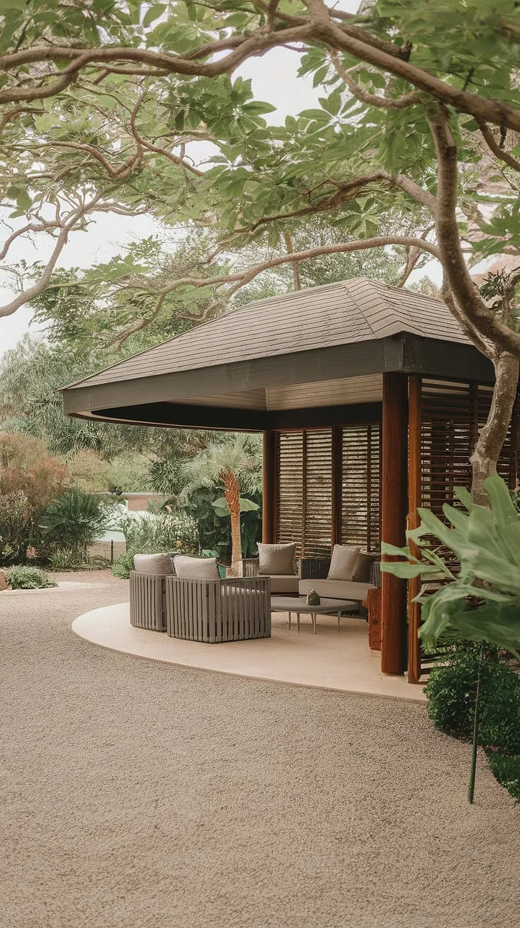 Escape to your own private oasis with this stunning backyard makeover.  The unique patio design, complete with a shaded patio roof and carefully chosen outdoor decor, transforms this back porch into a dream backyard.  Note the clever home exterior design elements, like the wooden screen, perfectly complementing the lush surroundings.